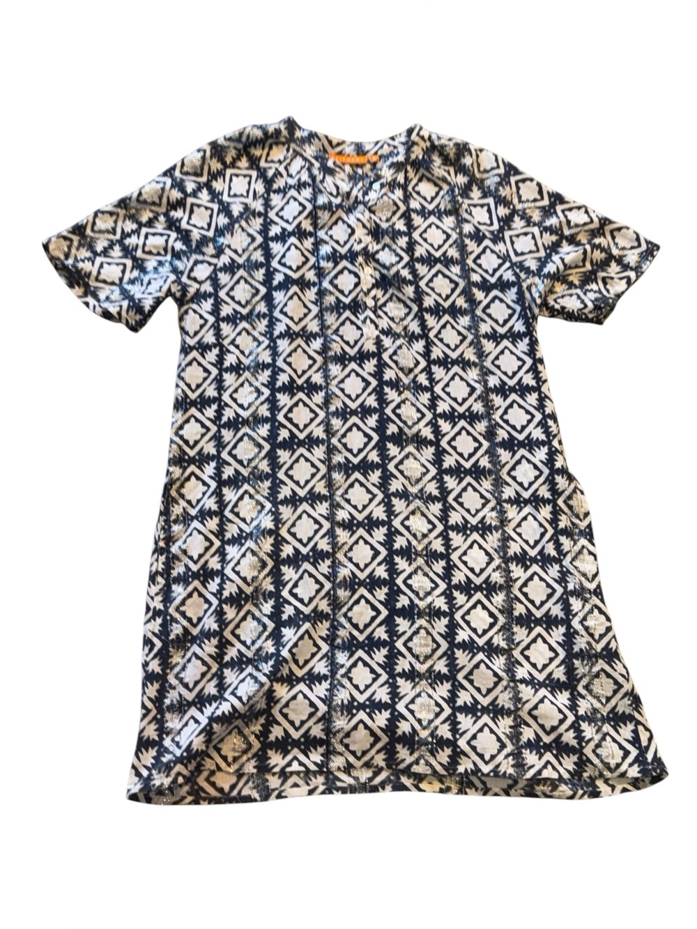 OLIPHANT BOHO blue & white metallic geometric print mini tunic dress w pockets